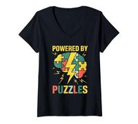 Women's Powered by Puzzles Brain Lightning Solver V-Neck T-Shirt