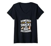 Women's Powered by Snacks and Bad Decisions Dog Humor V-Neck T-Shirt