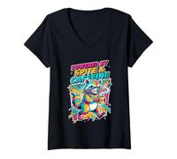 Women's Powered By Spite & Caffeine Raccoon 80s Comic Art V-Neck T-Shirt