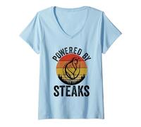 Women's Powered by Steaks Carnivore Diet Meat Lover Quote V-Neck T-Shirt