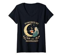 Womens Powered by Tea and Moonlight Mystic Druid Aesthetic V-Neck T-Shirt