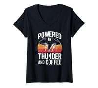 Women's Powered by Thunder and Coffee Retro Tornado Caffeine V-Neck T-Shirt
