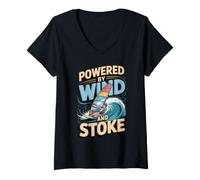 Women's Powered by Wind and Stoke Surfing Surfer Surf Waves V-Neck T-Shirt