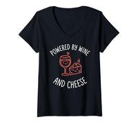 Women's Powered By Wine and Cheese Cute Kawaii Doodle V-Neck T-Shirt