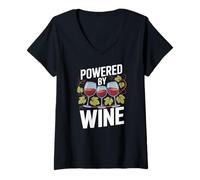 Womens Powered by Wine Glasses Grapes Nature Fun V-Neck T-Shirt