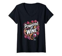 Womens Powered by Wine Vine Grapes Humor V-Neck T-Shirt