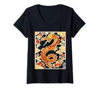 Womens Powerful Rising Dragon Colorful & Ornate Chinese Success V-Neck T-Shirt