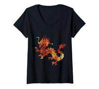 Womens Powerful Rising Dragon Colorful & Ornate Chinese Success V-Neck T-Shirt