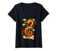 Womens Powerful Rising Dragon Colorful & Ornate Chinese Success V-Neck T-Shirt