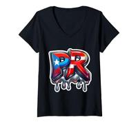 Women's PR Street Art Drip Effect Puerto Rico Patriotic Flag Cool V-Neck T-Shirt