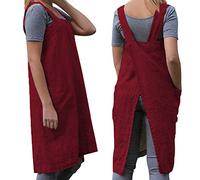 Women's Practical Cross Back Pinafore Apron with Large Pockets Home Kitchen,Restaurant,Coffee house,Cooking Gardening Works, Wine Red, XL