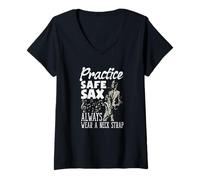 Womens Practice Safe Sax Always Wear A Neck Strap Funny Saxophone V-Neck T-Shirt
