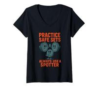 Womens Practice Safe Sets Always Use a Spotter - Gym Safety Pun V-Neck T-Shirt