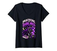 Women's Practicing the Dark Arts Black Cat Witch Halloween V-Neck T-Shirt