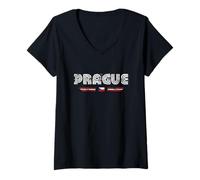 Womens Prague Czechia 70s 80s Retro Type Flag Graphic V-Neck T-Shirt