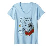 Womens Praise Him Every Season Psalm 34:1 Lion Floral V-Neck T-Shirt