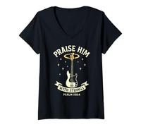 Womens Praise Him with Strings Bass Guitar Player Church Band V-Neck T-Shirt