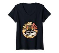Womens Praise Him with The Strings Bible Psalm Christian Guitar V-Neck T-Shirt