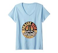 Womens Praise Him with The Strings Bible Psalm Christian Guitar V-Neck T-Shirt
