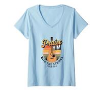 Womens Praise Him with The Strings Bible Psalm Christian Guitar V-Neck T-Shirt