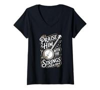 Women's Praise Him with The Strings Psalm 150:4 Banjo V-Neck T-Shirt
