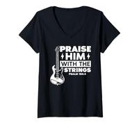 Womens Praise Him with The Strings Psalm 150:4 Worship Christian V-Neck T-Shirt