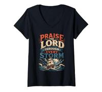 Women's Praise The Lord Through Every Storm Christian Ship V-Neck T-Shirt