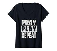 Women's Pray Play Repeat - Christian Softball Team Humor V-Neck T-Shirt