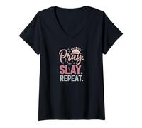 Womens Pray & Slay Christian Motivation Apparel V-Neck T-Shirt