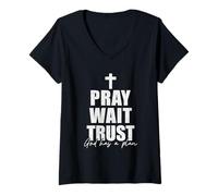 Womens Pray Wait Trust Christian Inspirational Faith for Men Women V-Neck T-Shirt