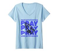 Womens Pray with Purpose Live Grace Religious Christian God Faith V-Neck T-Shirt