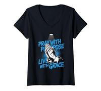 Womens Pray with Purpose Live with Grace Christian Streetwear V-Neck T-Shirt
