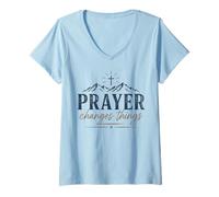 Women's Prayer Changes Things Christian Faith Cross Mountains V-Neck T-Shirt