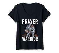 Womens Prayer Warrior Defender Faith God Jesus Christian Armor V-Neck T-Shirt
