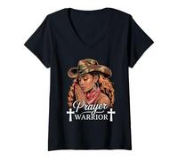 Womens Prayer Warrior Jesus God Faith Christian Black Cowgirl V-Neck T-Shirt