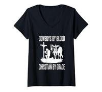 Womens Praying Cowboy Kneeling Cowboy by Blood Christian by Grace V-Neck T-Shirt
