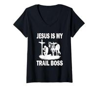 Womens Praying Cowboy Kneeling Cross Cowboys Jesus Is My Trail Boss V-Neck T-Shirt
