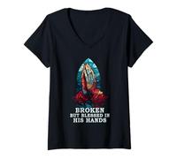 Womens Praying Hand Stained Glass Broken But Blessed Religious V-Neck T-Shirt