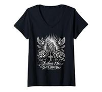 Women's Praying Hands Rosary Joshua 1:9 God is with You V-Neck T-Shirt