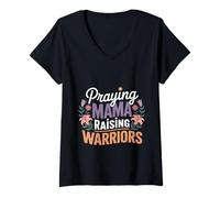 Womens Praying Mama Raising Warriors Faith Motherhood Mother ---- V-Neck T-Shirt