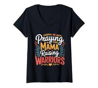 Womens Praying Mama Raising Warriors Faith Motherhood Mother |--- V-Neck T-Shirt