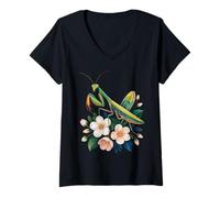 Womens Praying Mantis and Flowers Nature Lovers Tranquil Art V-Neck T-Shirt