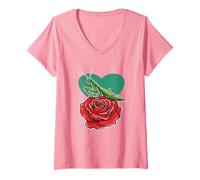 Womens Praying Mantis on a Rose Heart Design V-Neck T-Shirt