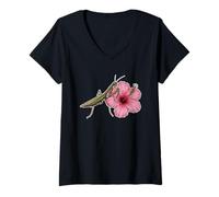 Womens Praying Mantis on Hibiscus Flower Design V-Neck T-Shirt