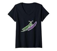 Womens Praying Mantis on Lavender Flower Design V-Neck T-Shirt