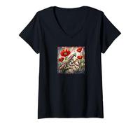 Womens Praying Mantis Stained Glass Vibrant Poppy Flower Insect Art V-Neck T-Shirt