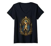 Women's Praying Virgin Mary Art Deco Catholic Sacred Icon Artwork V-Neck T-Shirt