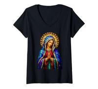 Women's Praying Virgin Mary Stained Glass Catholic Devotion Icon V-Neck T-Shirt
