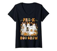Womens Pre K Boo Crew PK Teacher Team Preppy Halloween Floral Ghost V-Neck T-Shirt
