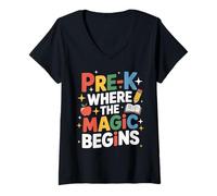Womens Pre-K is Where The Magic Begins Preschool Teacher V-Neck T-Shirt